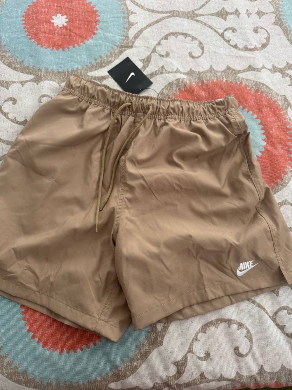 Nike Tan Elastic Waist Athletic Shorts with White Swoosh